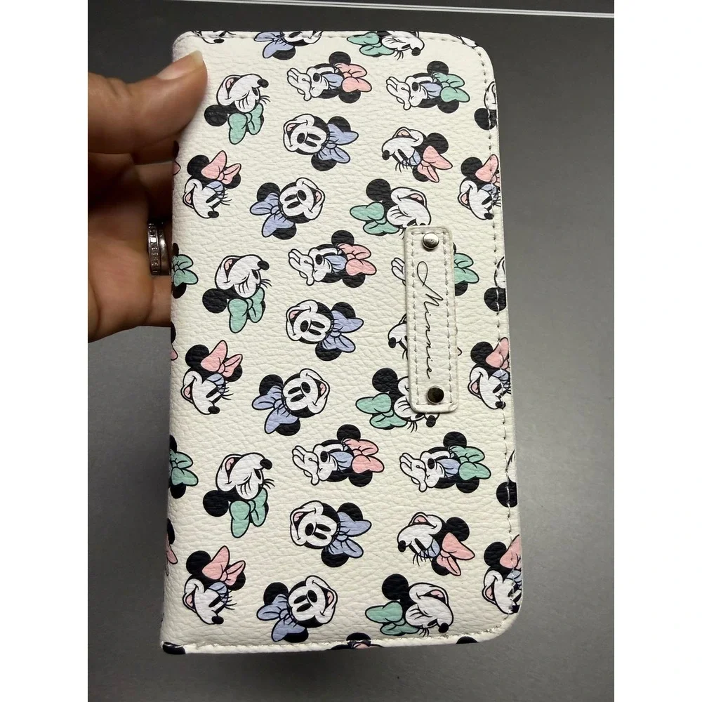 Disney Minnie Mouse Zip Around Wallet White Pastel Bows Faux Leather Long Clutch